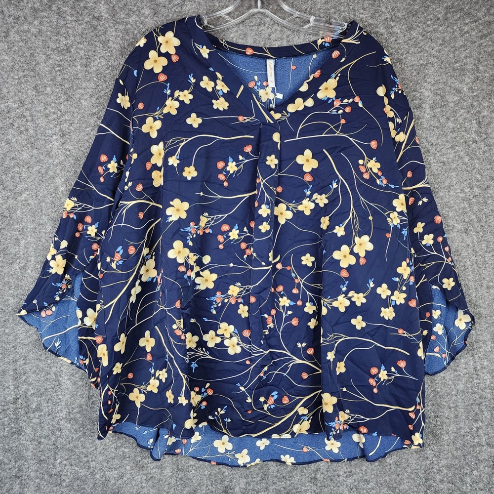 Aodemo Floral V-Neck Blouse Women 4XL Navy Blue 3/4 Sleeve Pleated Top NWT